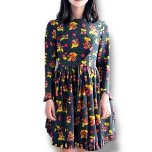 Vintage Girls Candy Jrs. Black Floral Polka Dot Long Sleeve Ruffled Dress